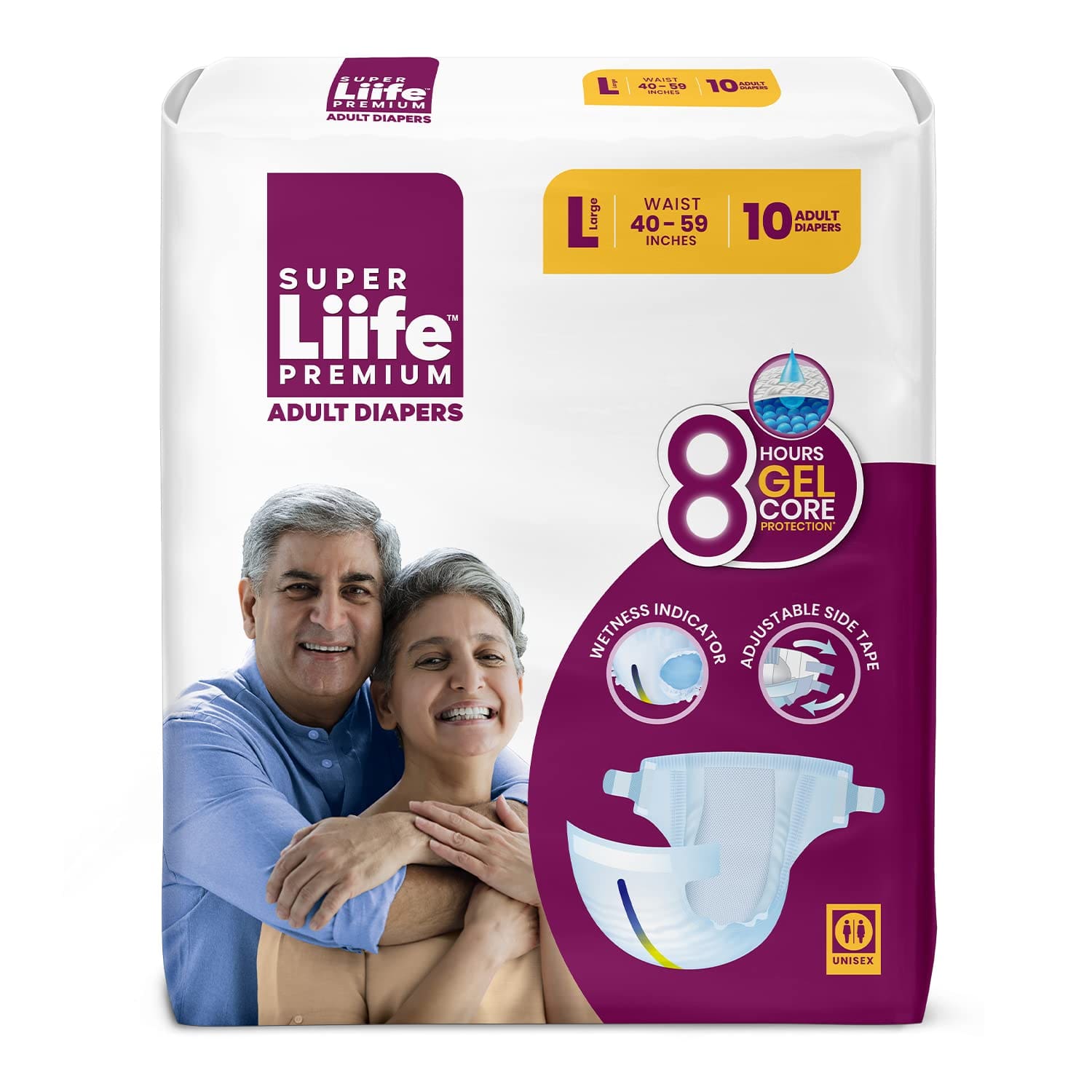 Super Liife Premium Adult Diapers 8 Hrs Gel Core, Large- 10 Count