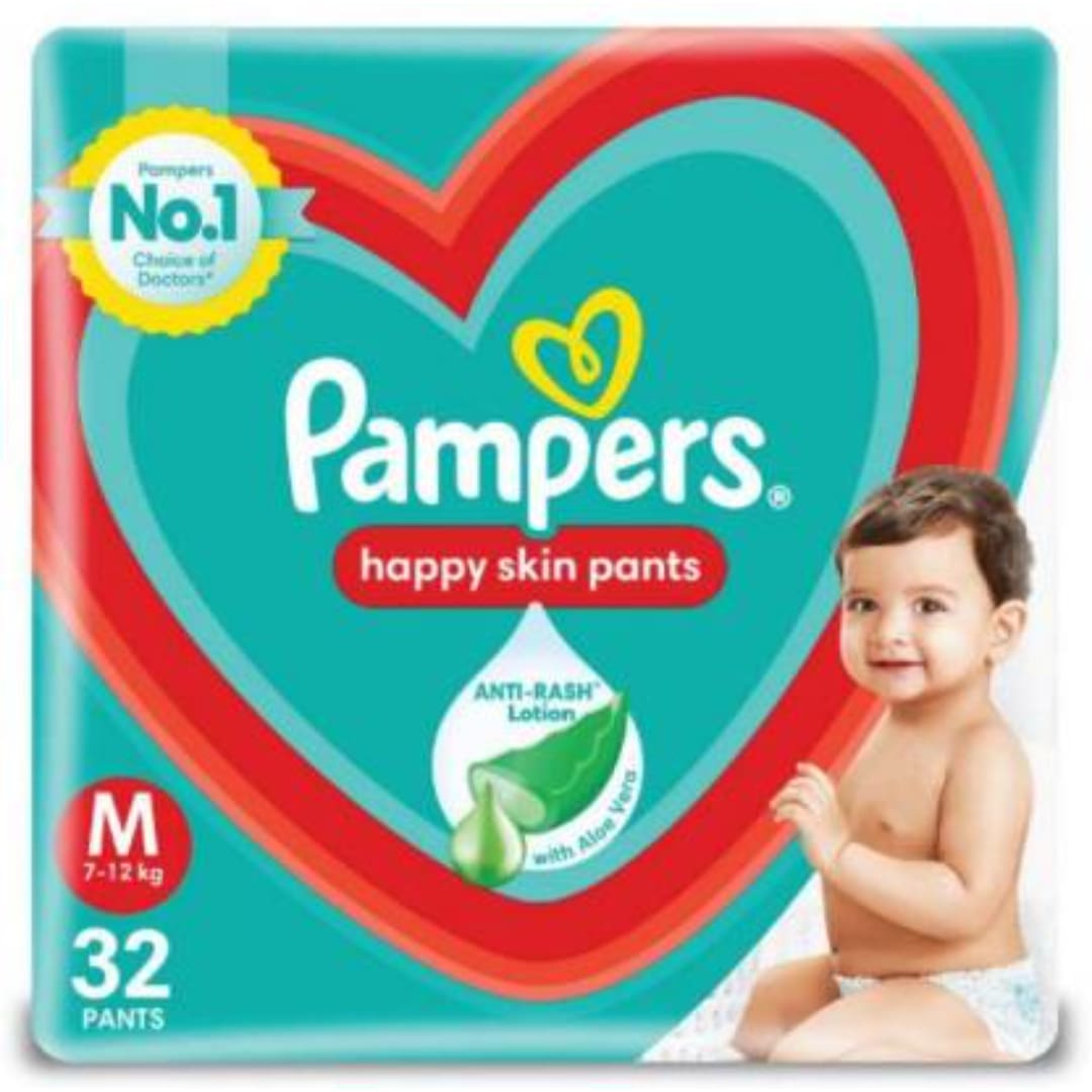 Pampers All round Protection Pants, Medium size baby diapers (MD), 32 Count, Anti Rash diapers, Lotion with Aloe Vera