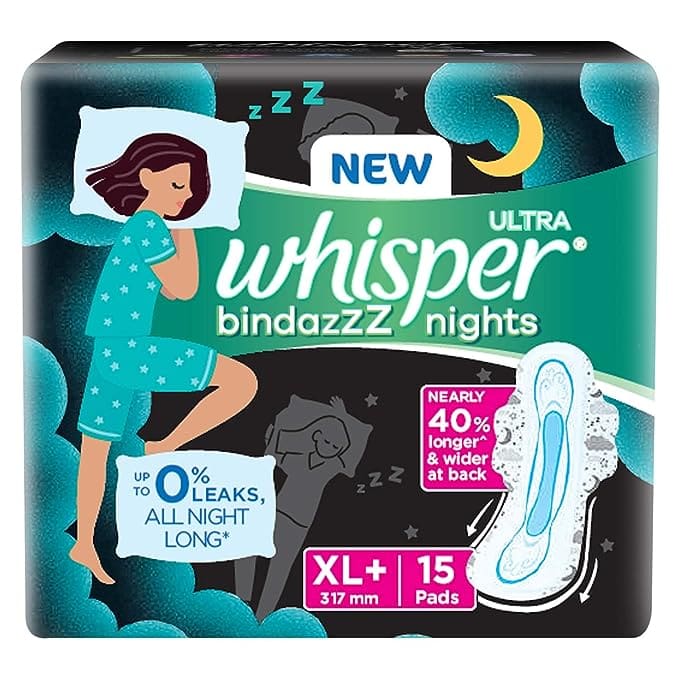 Whisper Bindazzz Night Sanitary Pads| Pack of 15 thin Pads| XL+| upto 0% Leaks|40% Longer & Wider back| Dry top sheet| Long lasting coverage| Faster absorption|31.7 cm Long| With disposable wrap