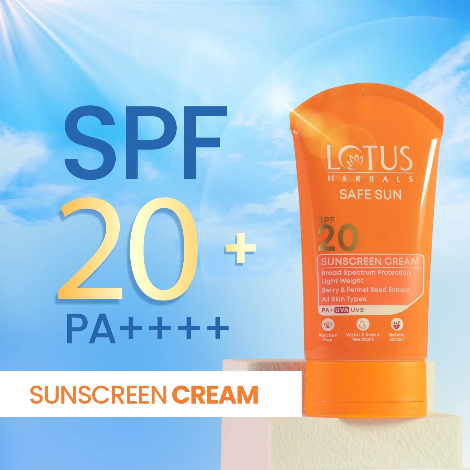 Lotus Herbals Safe Sun Sunscreen Cream, SPF 20 PA+ UVA UVB, 50g
