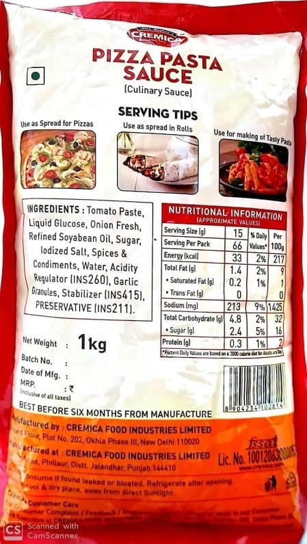 Cremica Pizza Pasta Sauce, 1kg