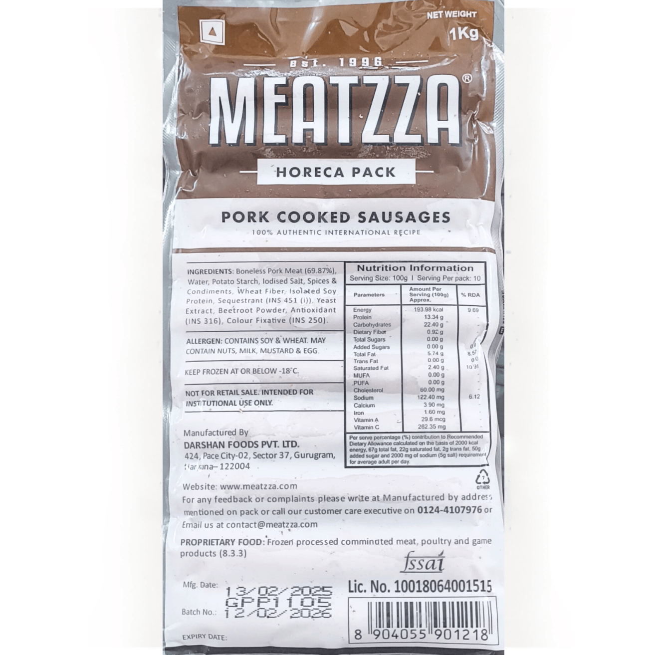 Meatzza Pork Cooked Sausages - 1Kg