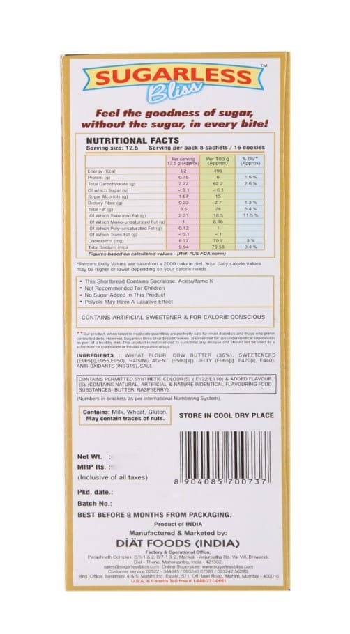 Sugarless Bliss Sugar Free Shortbread Pure Cow Butter, 200g