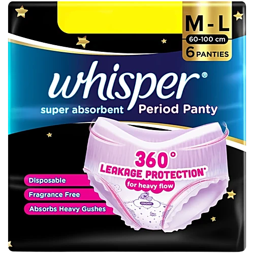 Whisper Super Absorbent Period Panty, 360 Degree Leakage Protection For Heavy Flow - M-L, 6 pcs