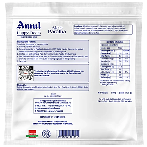 Amul Happy Treats Aloo Paratha, 500 g (4 pcs)