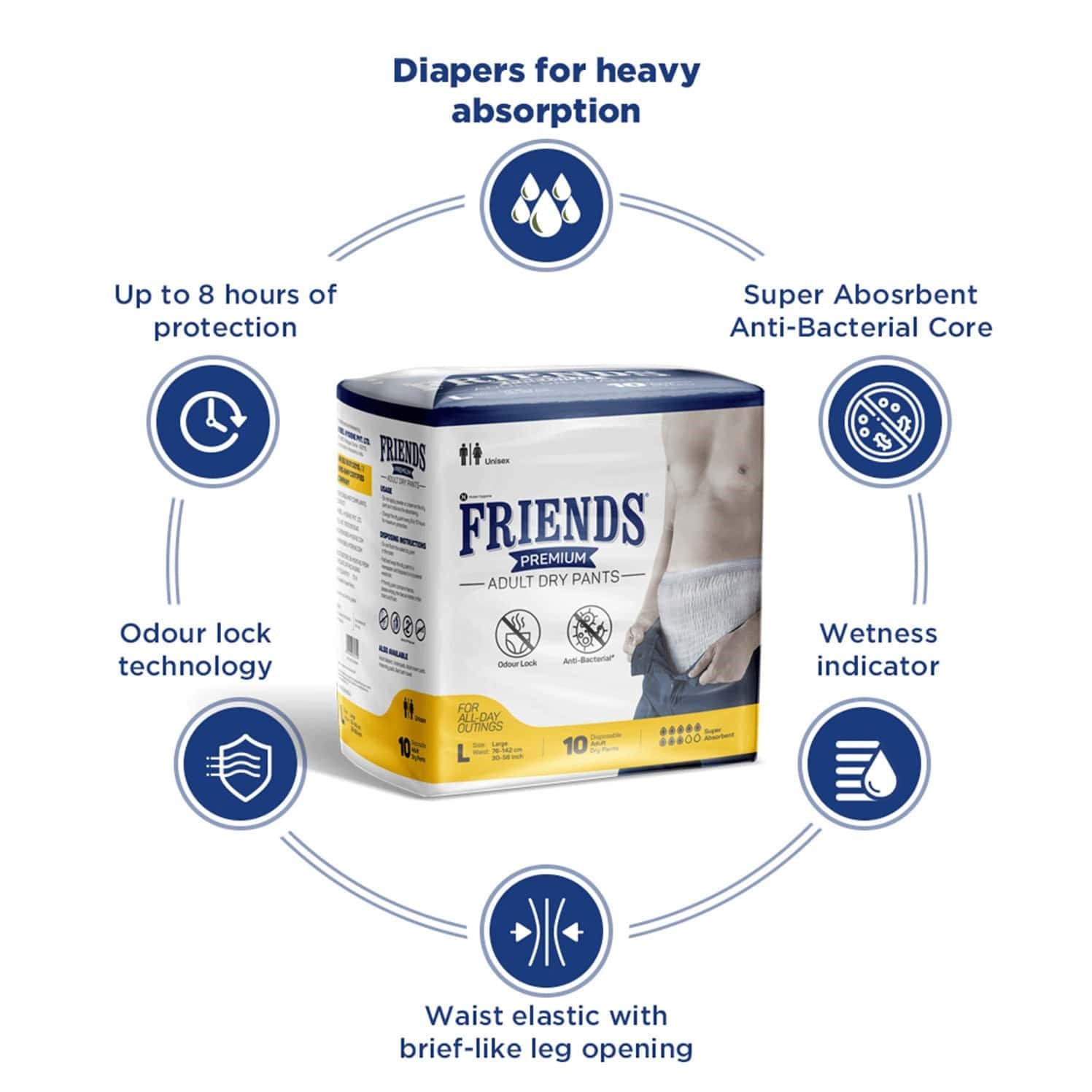 Friends Premium Adult Diapers Pant Style (L), 10 Count