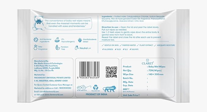 Claret Baby Wet Wipes- Rash Free - Aloe Barbadensis Extract - 72 Wipes