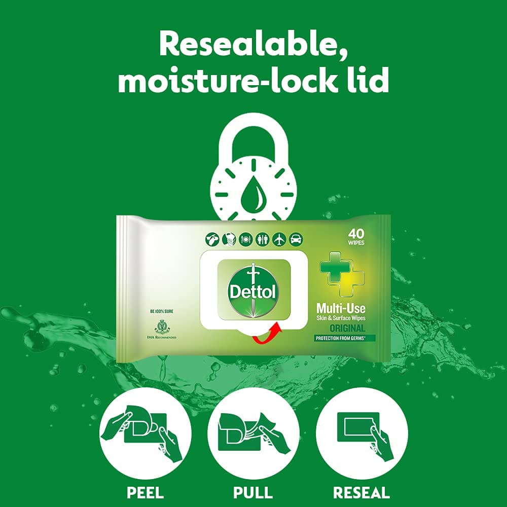 Dettol Germ Protection Wet Wipes for Skin & Surfaces, Original - 40 Wipes