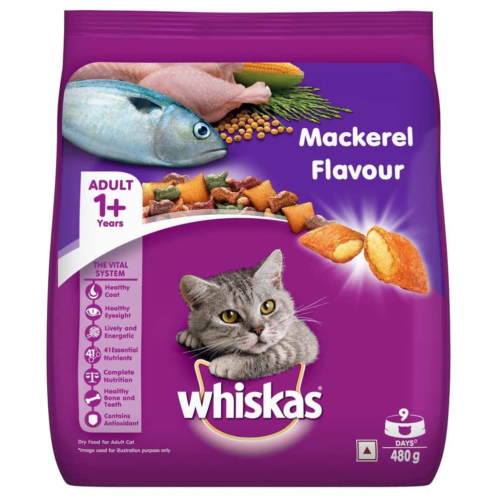Whiskas Adult (+1 year) Dry Cat Food, Mackerel Flavour, 480g
