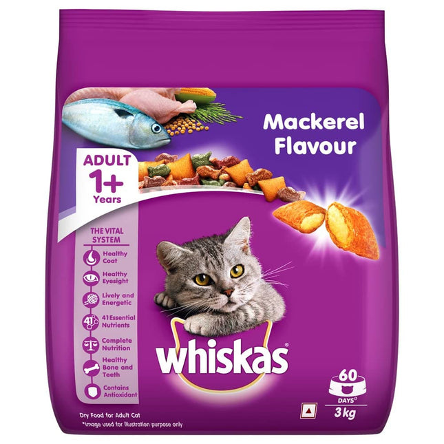 Whiskas Adult (+1 year) Dry Cat Food, Mackerel Flavour, 3kg