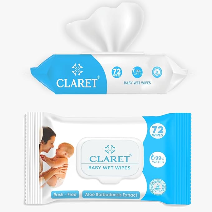 Claret Baby Wet Wipes- Rash Free - Aloe Barbadensis Extract - 72 Wipes
