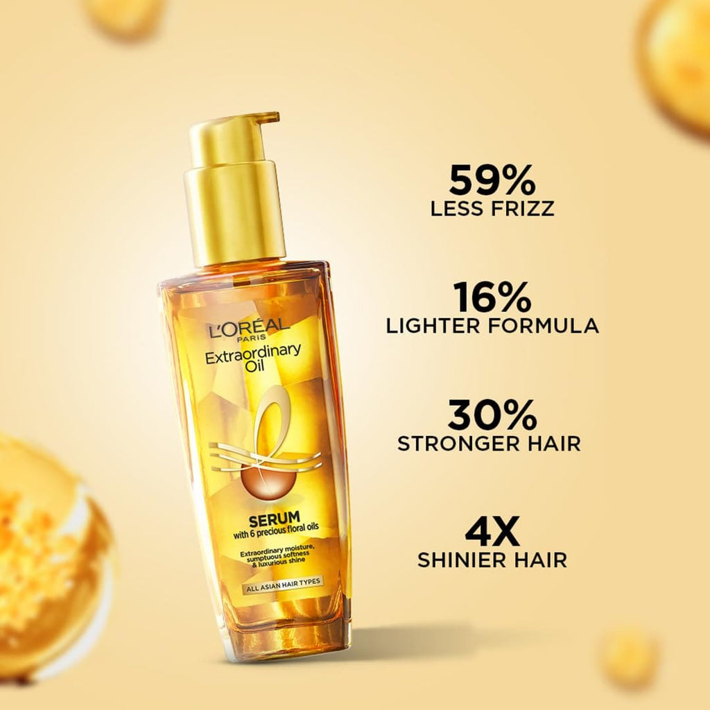 L'Oreal Paris Serum, Protection and Shine, For Dry, Flyaway & Frizzy Hair, With 6 Rare Flower Oils, Extraordinary Oil, 100ml