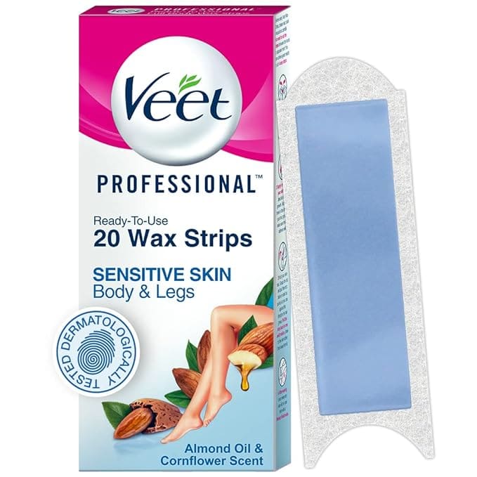 Veet Professional Instant Wax Strips Kit For Sensitive Skin, 4 Strips, with 1 Perfect Finish Wipes