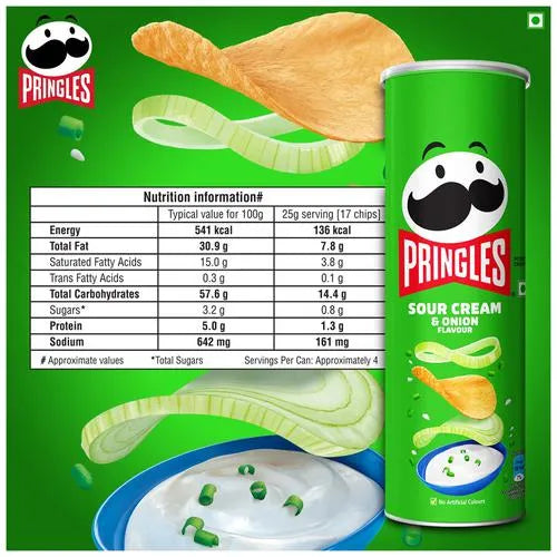 Pringles Potato Chips - Sour Cream &amp; Onion Flavour, Crunchy &amp; Crispy, 107 gm