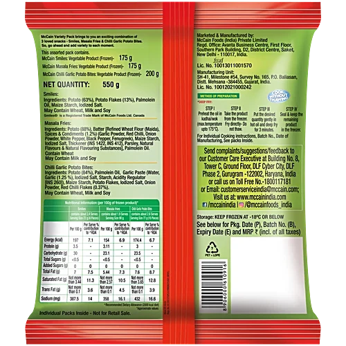 McCain Variety Pack - Chilli Garlic Potato, Smiles & Masala Fries, 550 g