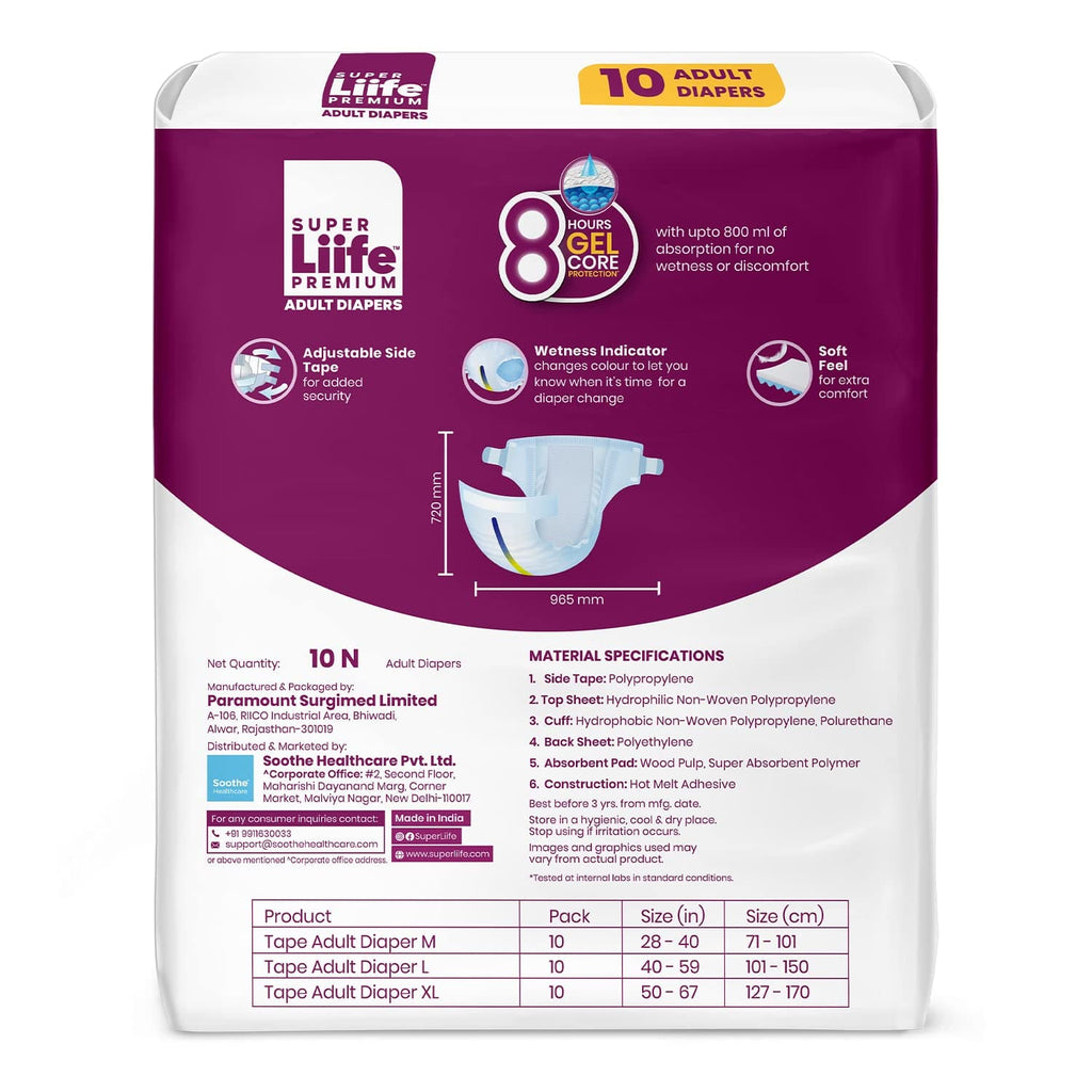 Super Liife  Premium Adult Diapers 8 Hrs Gel Core, Large- 10 Count