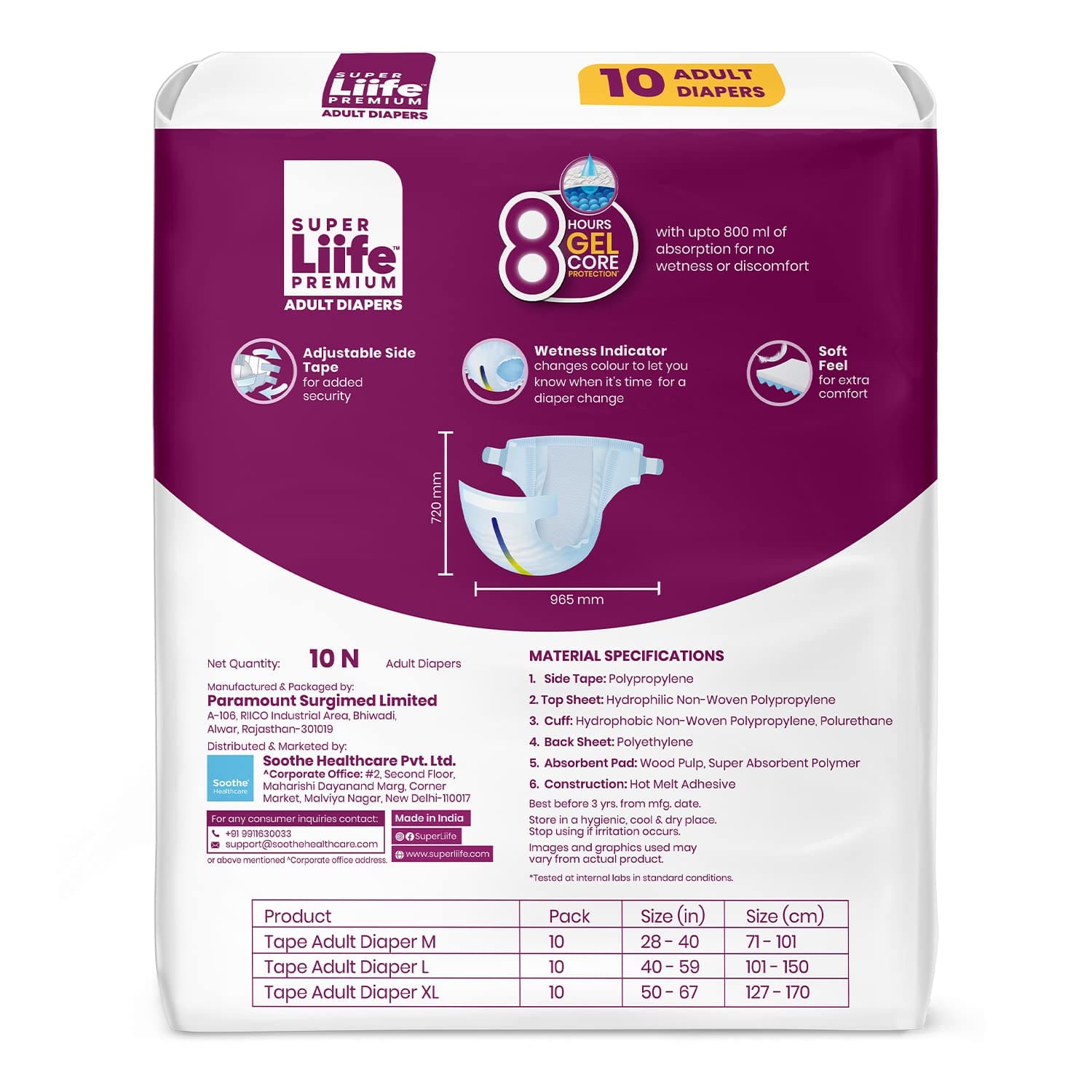 Super Liife  Premium Adult Diapers 8 Hrs Gel Core, Large- 10 Count