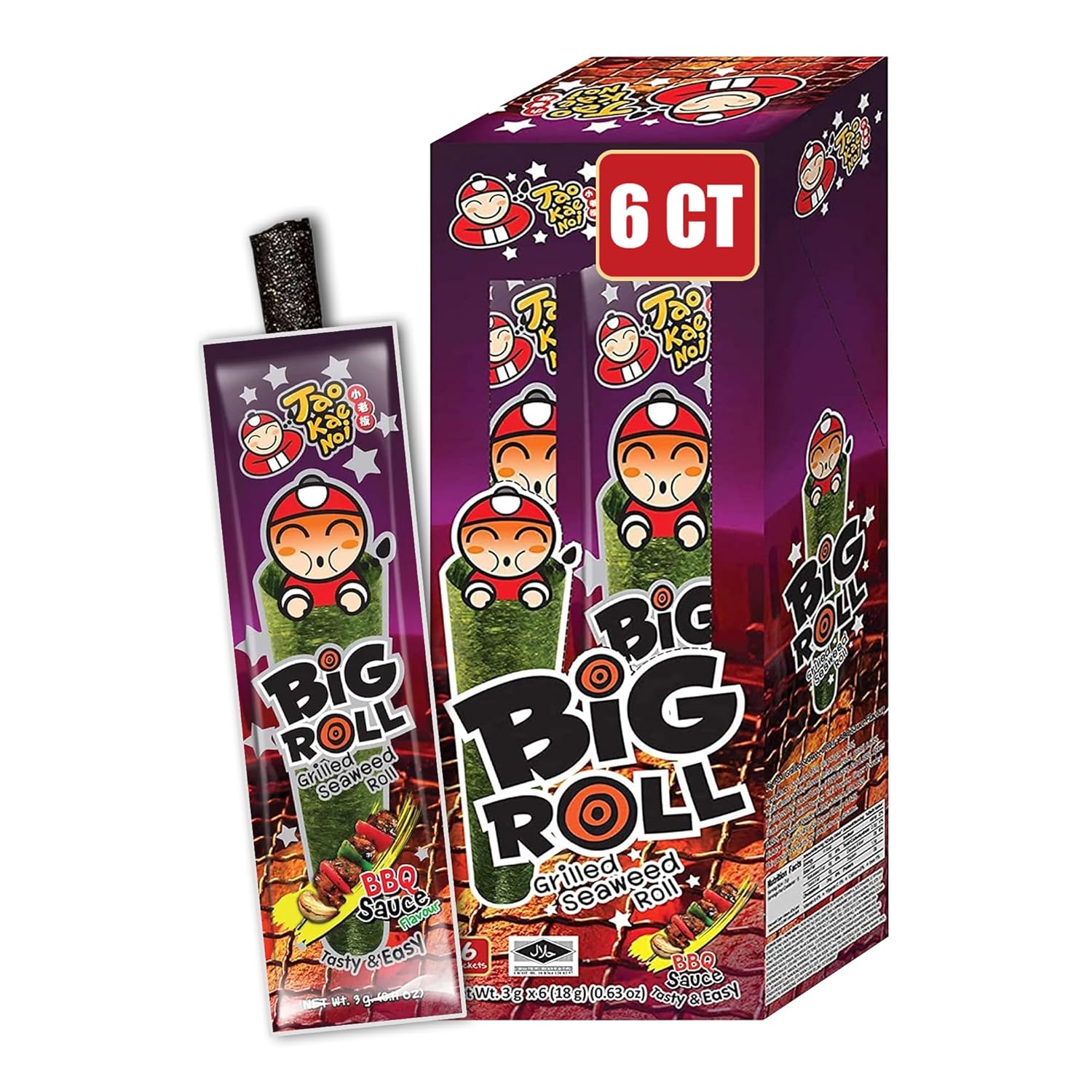 Tao Kae Noi Grilled Seaweed Big Roll BBQ Sauce Flavour, 6 x 3 g