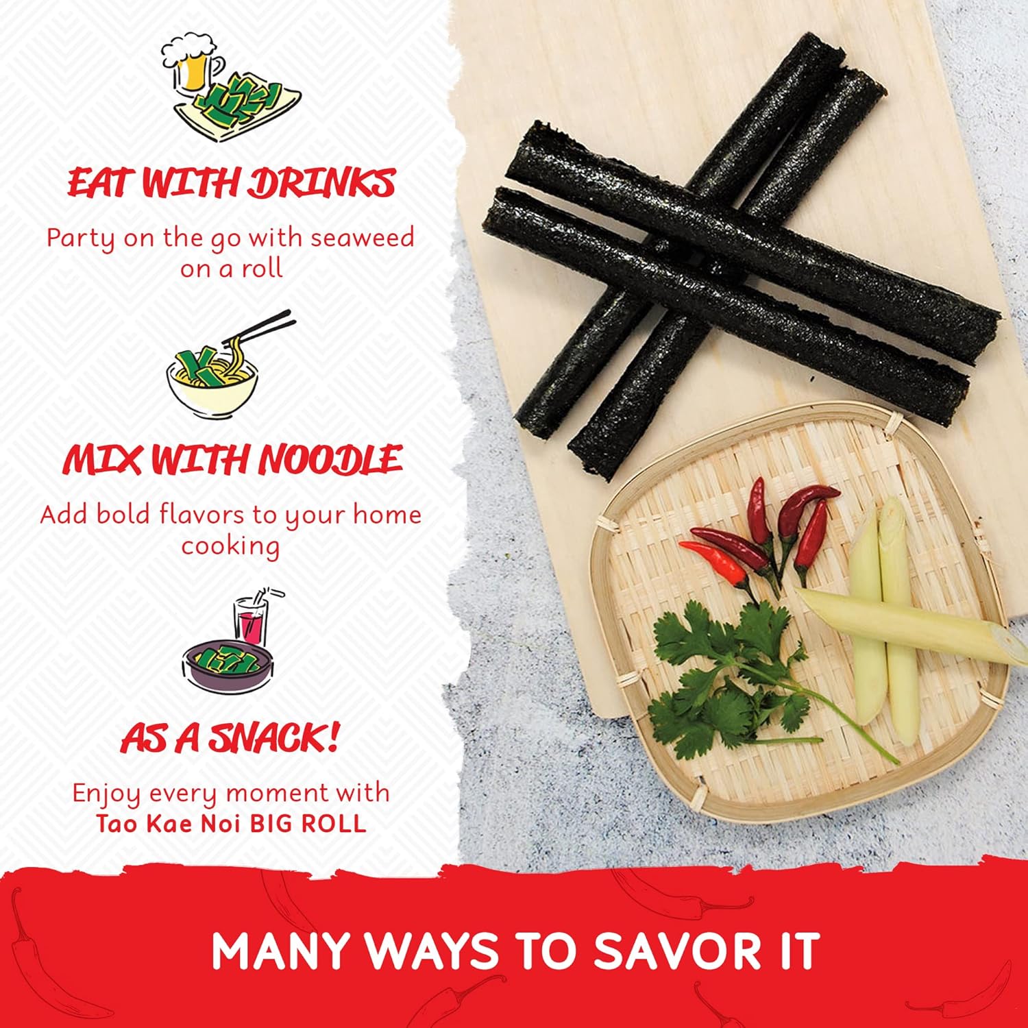 Tao Kae Noi Grilled Seaweed Big Roll Tom Yum Goong Flavour, 6 x 3 g
