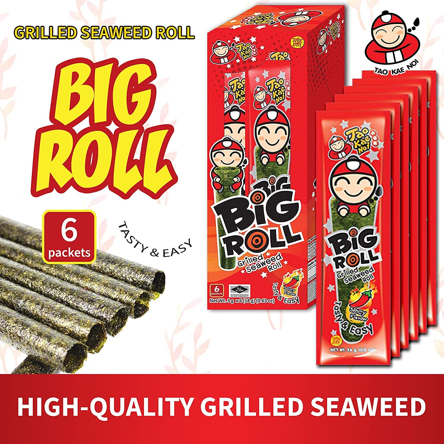 Tao Kae Noi Grilled Seaweed Big Roll Spicy Flavour, 6 x 3 g