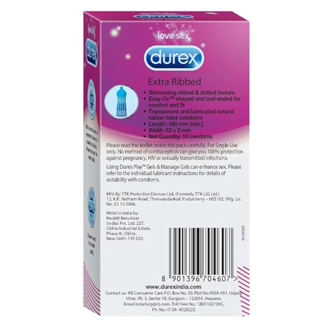 Durex Extra Ribbed Condoms, Ribbed and Dotted - 10 Count.