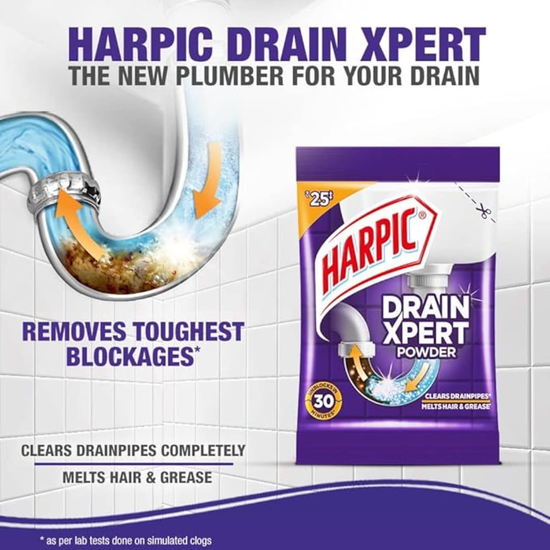 Harpic Drain Xpert Drain Cleaner Powder, Effective sink cleaner, drain blockage remover - 50g.
