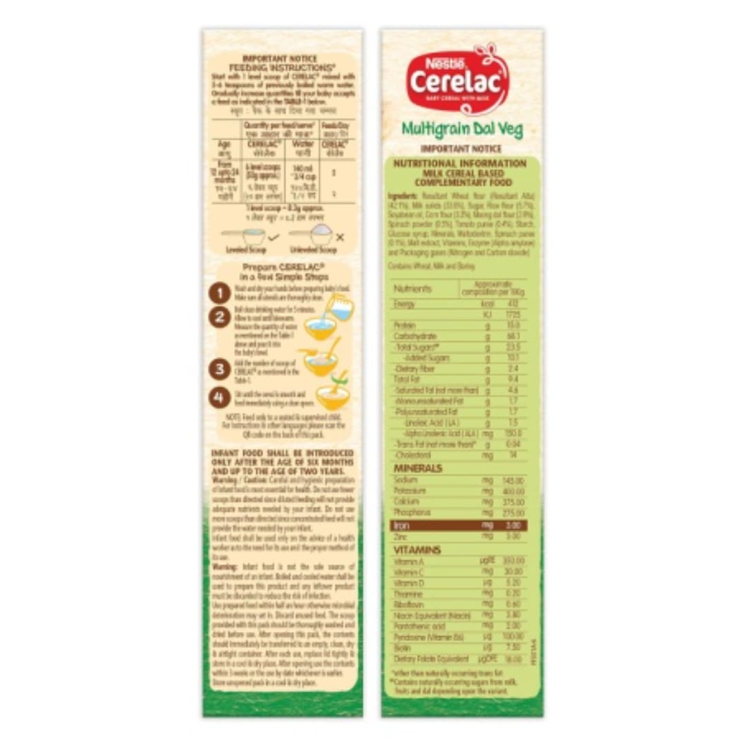 Nestle Cerelac Baby Cereal with Milk, Multigrain Dal Veg, From 12 to 24 Months, Stage 4, Source of Iron & Protein, 300g