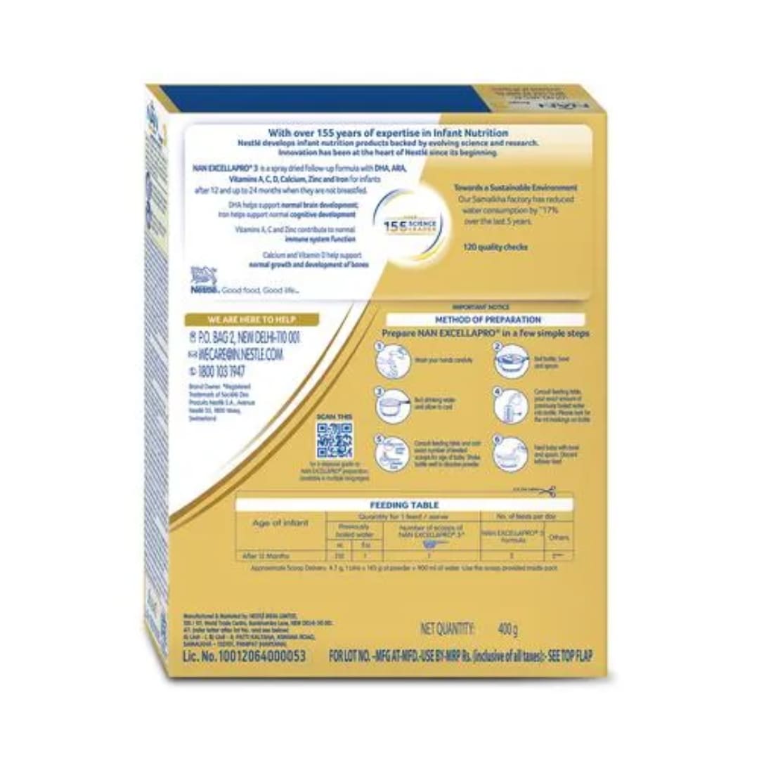 Nestle NAN EXCELLAPRO 3 Follow-Up Formula Powder - After 12 months, Up to 24 months, Stage 3, 400g