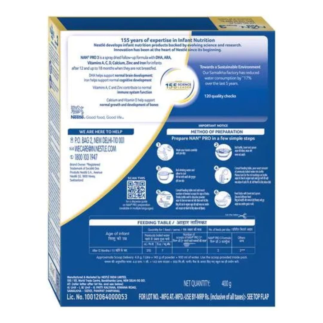 Nestle Nan Pro 3 Follow-Up Formula Powder - After 12 Months, Up To 18 Months, Stage 3, 400 g 