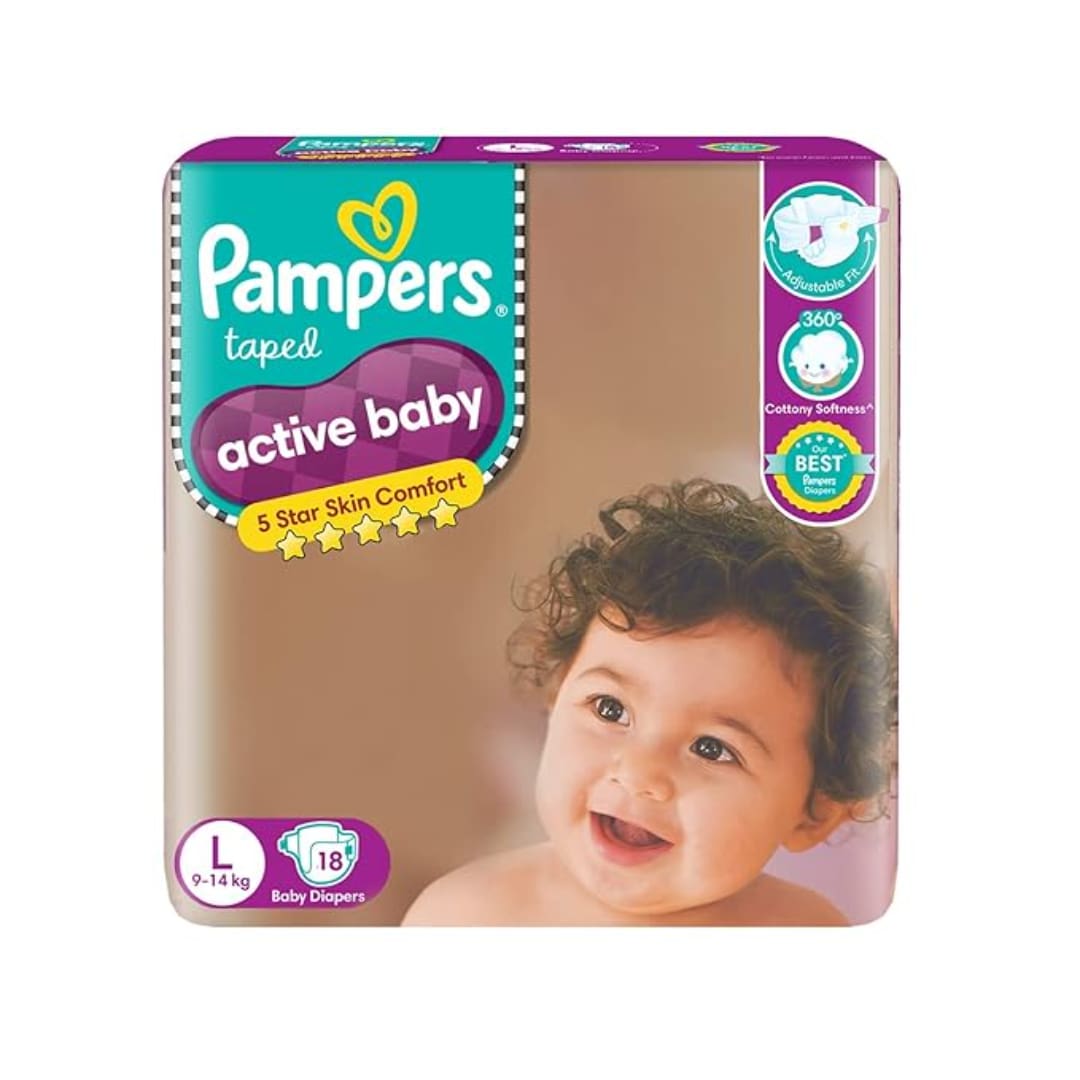 Pampers Active Baby Tape Style Baby Diapers, Large (L), 18 Count, Adjustable Fit with 5 star skin protection, 9-14 Kg Diapers