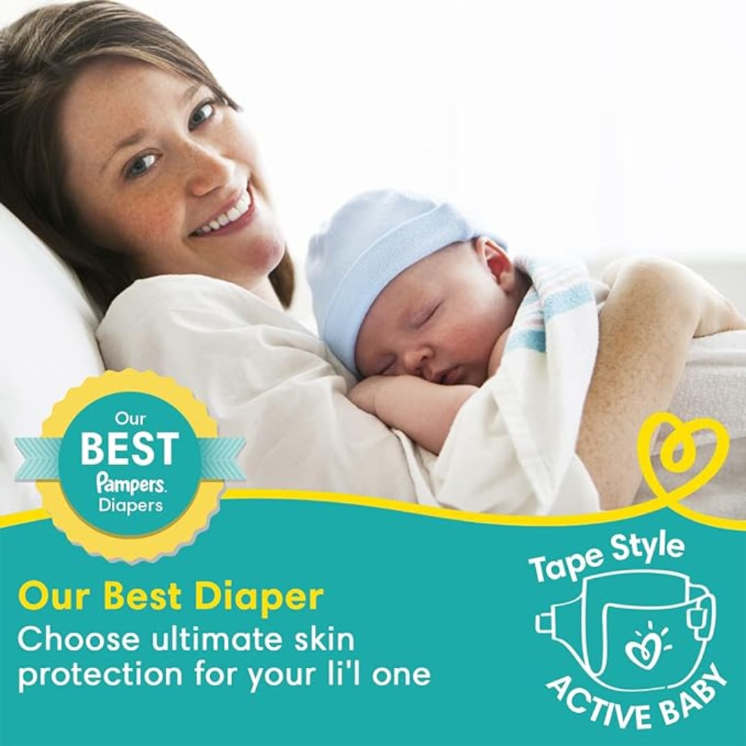 Pampers Active Baby Tape Style Baby Diapers, New Born/Extra Small (NB/XS) Size, 24 Count, Adjustable Fit with 5 star skin protection, Up to 5kg Diapers