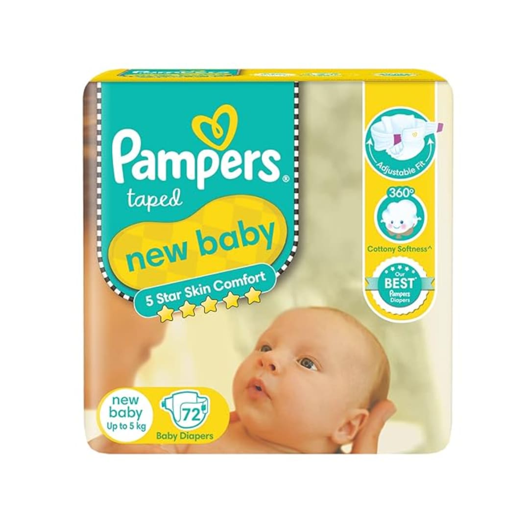 Pampers Active Baby Tape Style Baby Diapers, New Born/Extra Small (NB/XS) Size, 72 Count, Adjustable Fit with 5 star skin protection, Up to 5kg Diapers