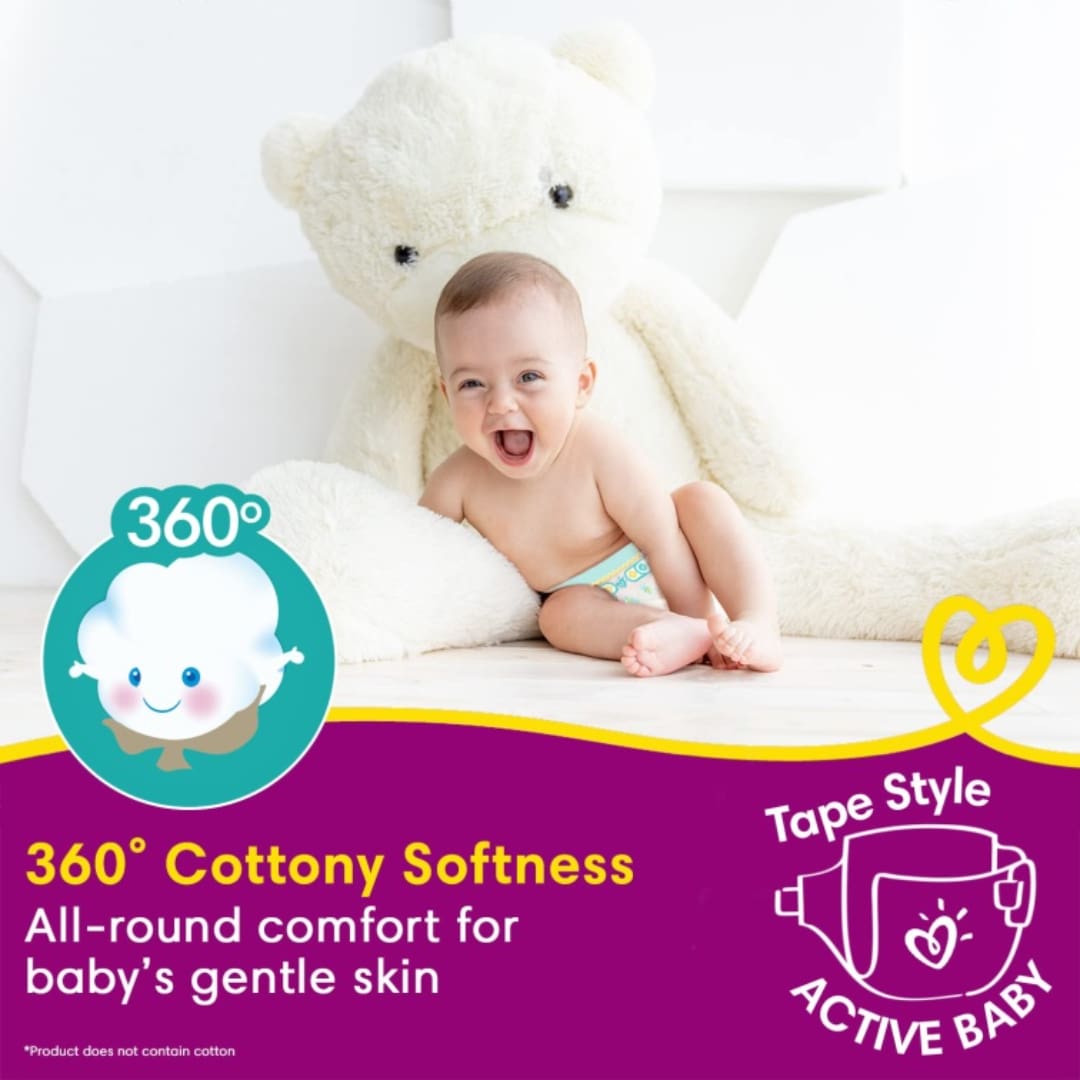 Pampers Active Baby Tape Style Baby Diapers, Small (S), 22 Count, Adjustable Fit with 5 star skin protection, 3-8 Kg Diapers