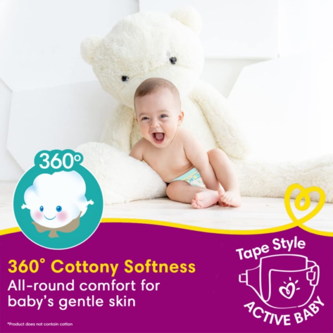 Pampers Active Baby Tape Style Diapers, Jumbo, Medium (M) Size, 62 Count, Adjustable Fit with 5 star skin protection, 6-11kg Diapers