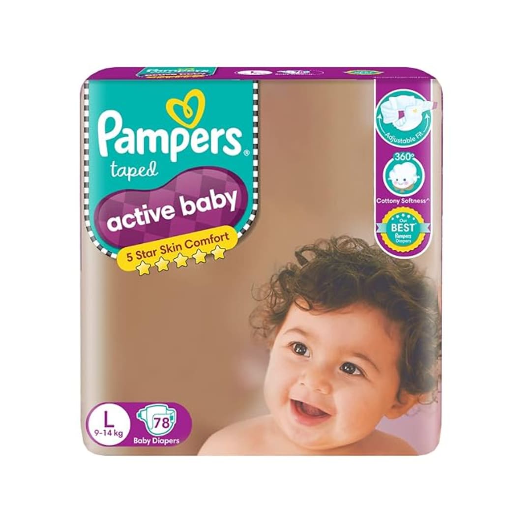 Pampers Active Baby Tape Style Diapers, Large (L) Size, Super Jumbo, 78 Count, Adjustable Fit with 5 star skin protection, 9-14kg Diapers