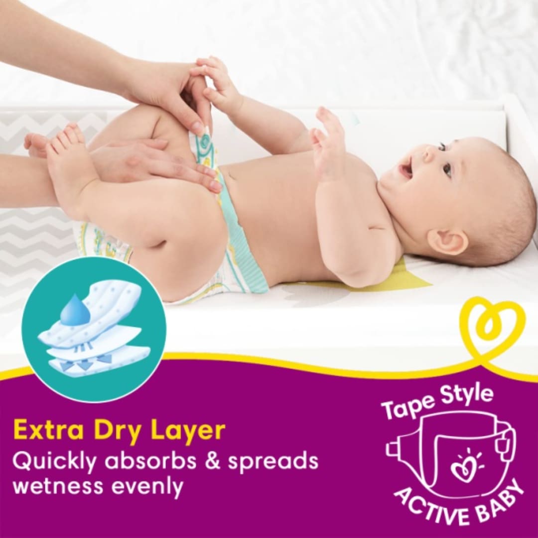 Pampers Active Baby Tape Style Diapers, Large (L) Size, Super Jumbo, 78 Count, Adjustable Fit with 5 star skin protection, 9-14kg Diapers