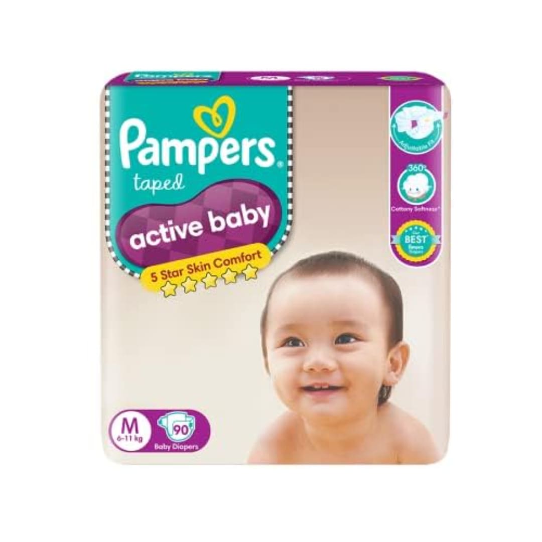 Pampers Active Baby Tape Style Diapers, Medium (M) Size, 90 Count, Adjustable Fit with 5 star skin protection, 6-11kg Diapers, Super Jumbo