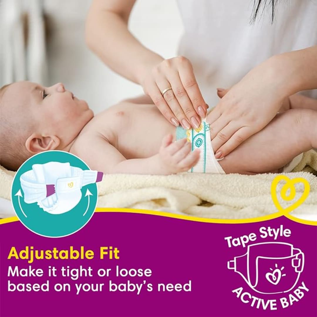 Pampers Active Baby Tape Style Diapers, Medium (M) Size, 90 Count, Adjustable Fit with 5 star skin protection, 6-11kg Diapers, Super Jumbo