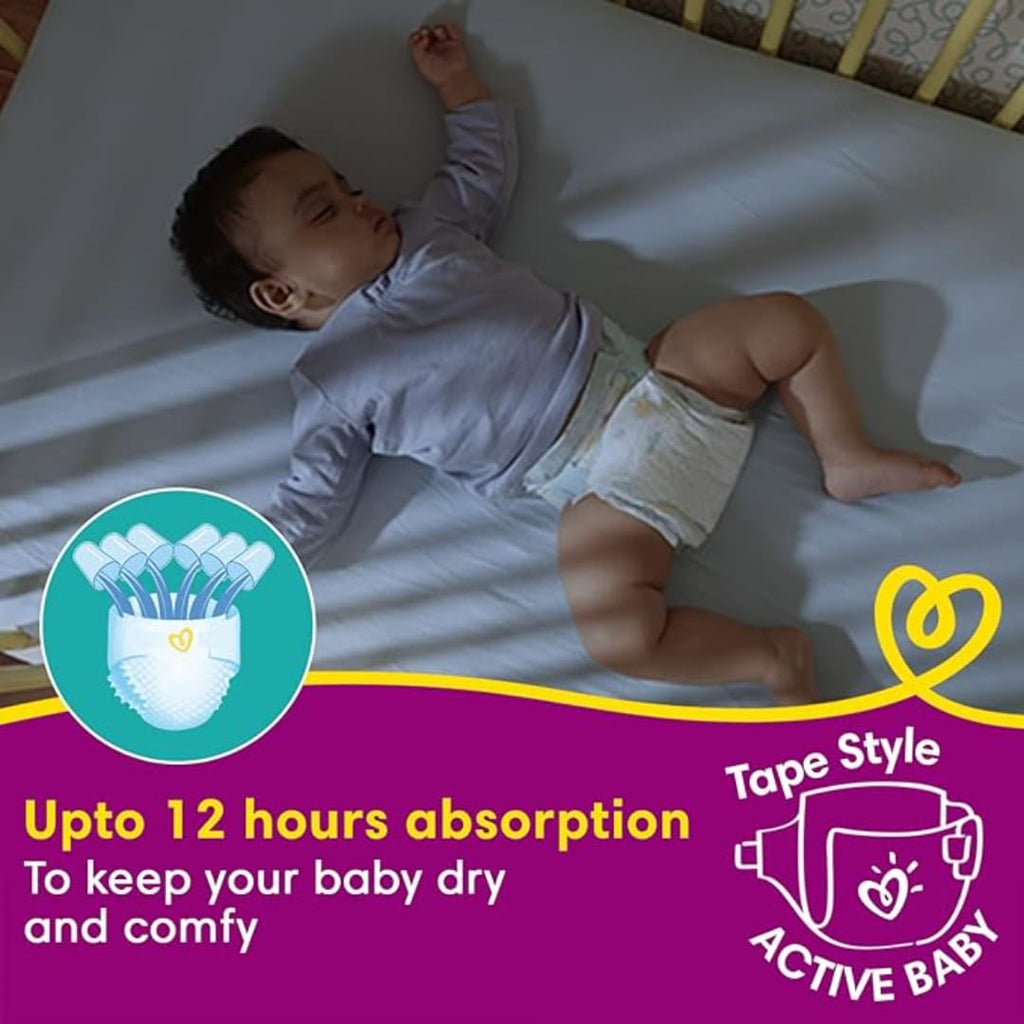 Pampers Active Baby Tape Style Diapers, Medium (M) Size, 90 Count, Adjustable Fit with 5 star skin protection, 6-11kg Diapers, Super Jumbo