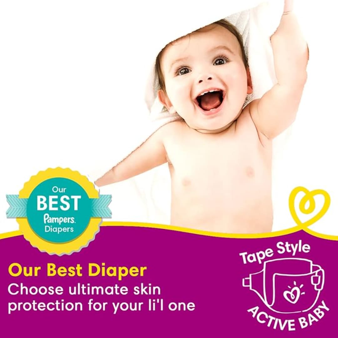 Pampers Active Baby Tape Style Diapers, Small (S) Size, 46 Count, Adjustable Fit with 5 star skin protection, 3-8kg Diapers