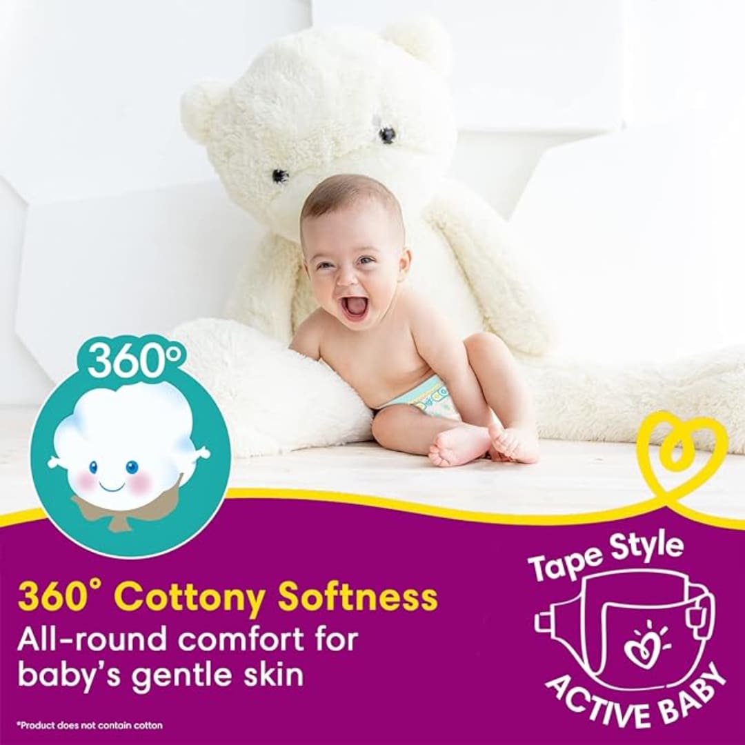 Pampers Active Baby Tape Style Diapers, X-Large (XL) Size, 56 Count, Adjustable Fit with 5 star skin protection, 12+kg Diapers, Super Jumbo