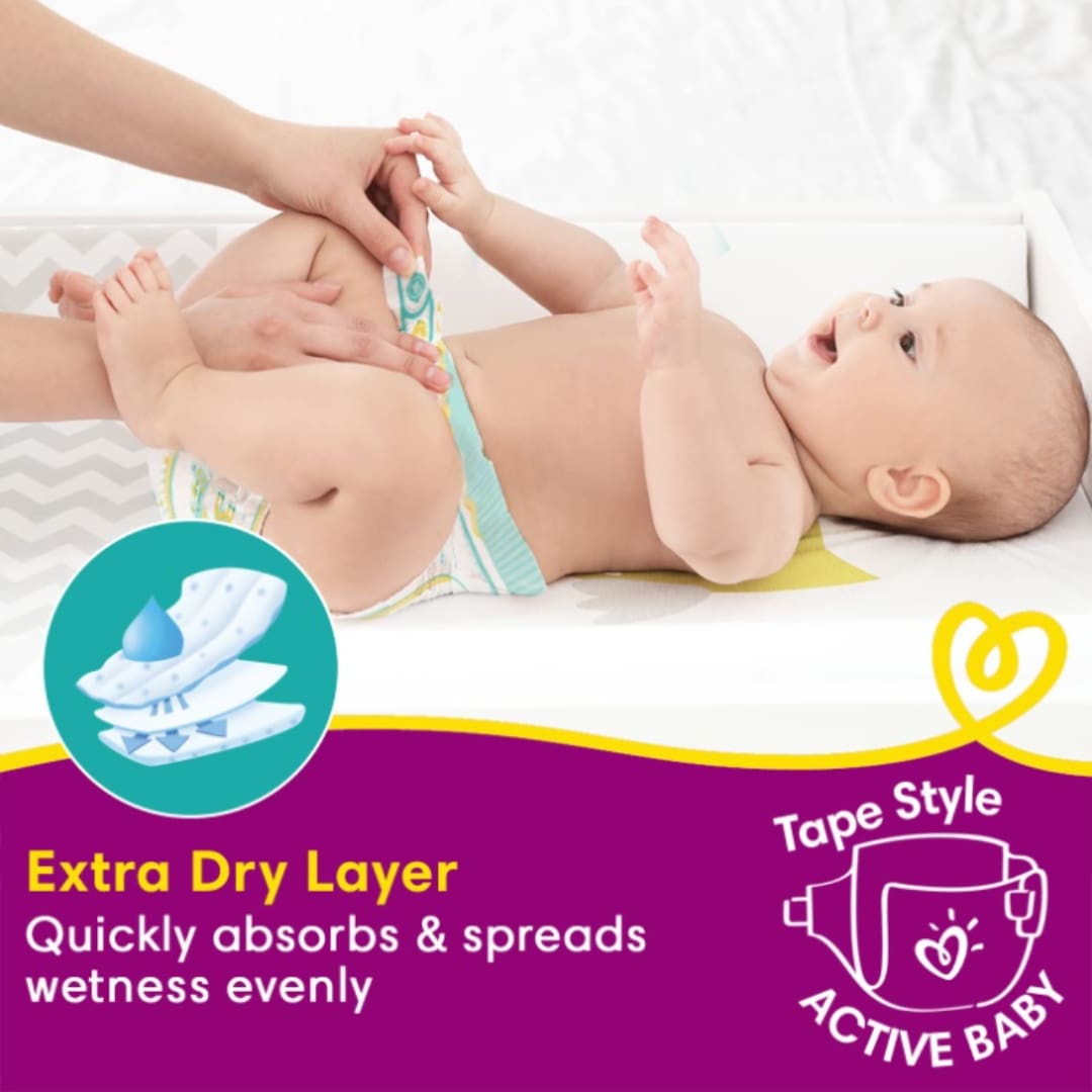 Pampers Active Baby Tape Style Diapers, X-Large (XL) Size, 56 Count, Adjustable Fit with 5 star skin protection, 12+kg Diapers, Super Jumbo