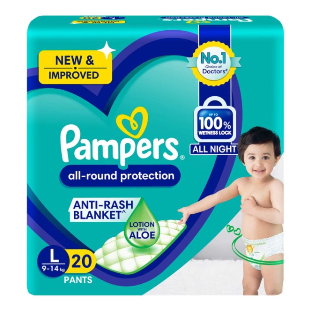 Pampers All Round Protection Pant Style Baby Diapers, Large (L), 20 Count, Anti Rash Blanket, Lotion with Aloe Vera, 9-14 Kg Diapers
