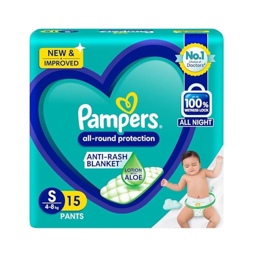 Pampers All Round Protection Pant Style Baby Diapers, Small (S), 15 Count, Anti Rash Blanket, Lotion with Aloe Vera, 4-8 Kg Diapers