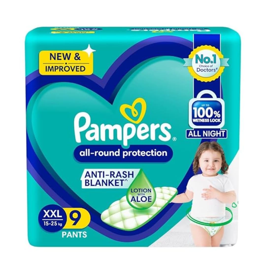 Pampers All Round Protection Pant Style Baby Diapers, XX-Large (XXL), 9 Count, Anti Rash Blanket, Lotion with Aloe Vera, 15-25 Kg Diapers