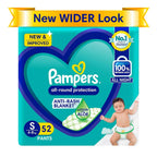 Pampers All Round Protection Pants, New Born/Extra Small (NB/XS) Size, 52 Count, Pant Style Baby Diapers, Anti Rash Blanket, Lotion with Aloe Vera, Up to 5kg Diapers