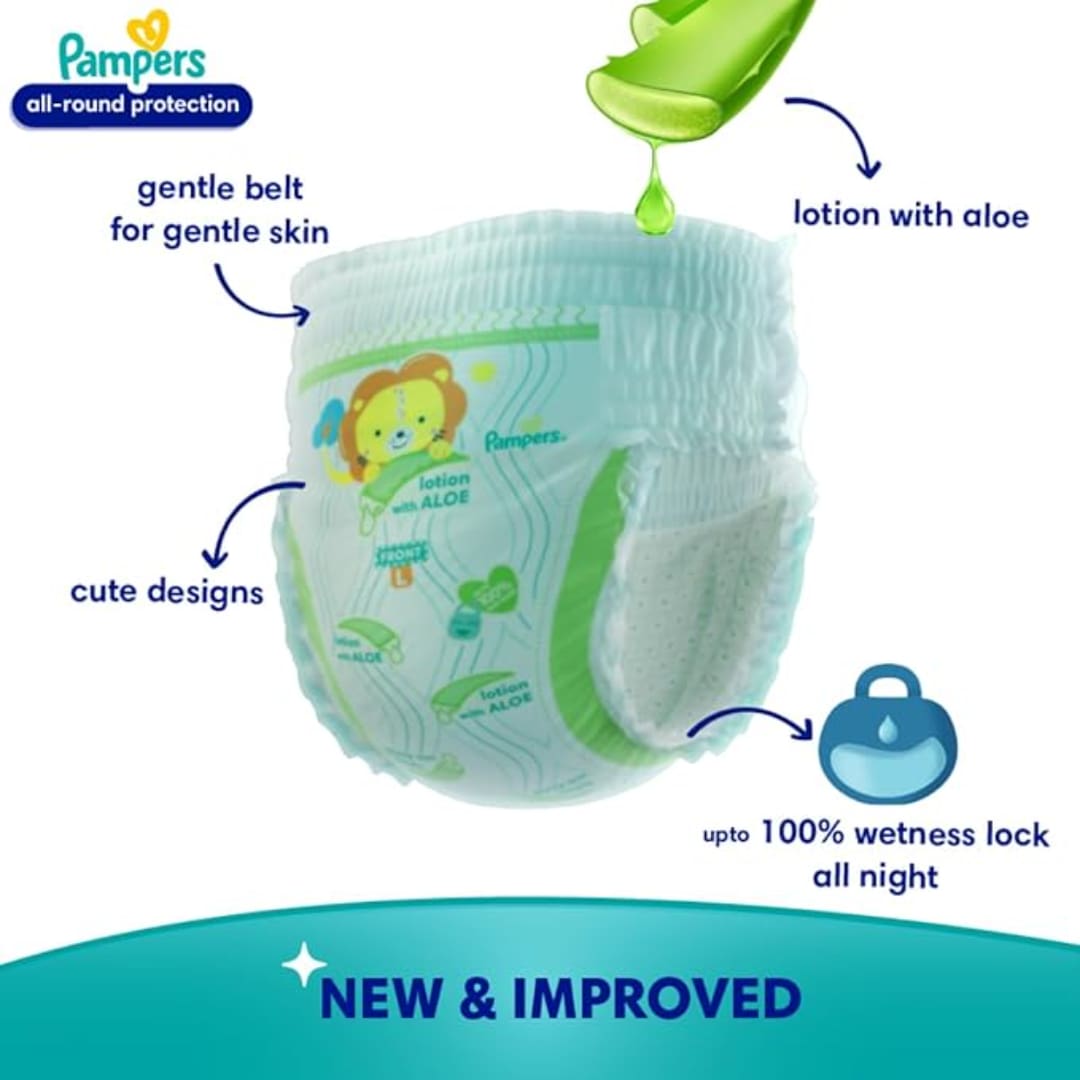 Pampers All Round Protection Pants, New Born/Extra Small (NB/XS) Size, 52 Count, Pant Style Baby Diapers, Anti Rash Blanket, Lotion with Aloe Vera, Up to 5kg Diapers