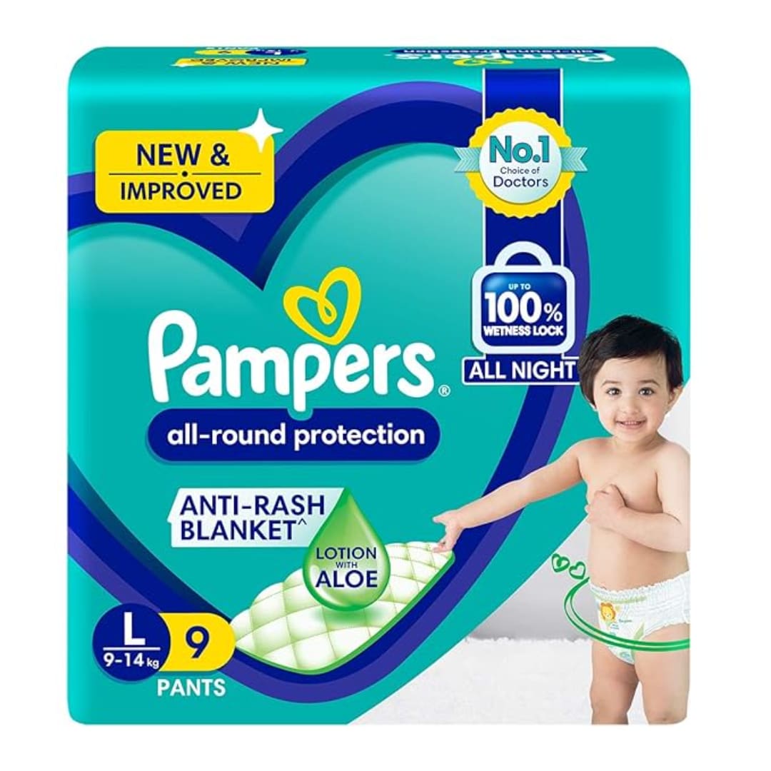 Pampers All round Protection Pants, Large size baby Diapers, (9-14kg) 9 Count Lotion with Aloe Vera