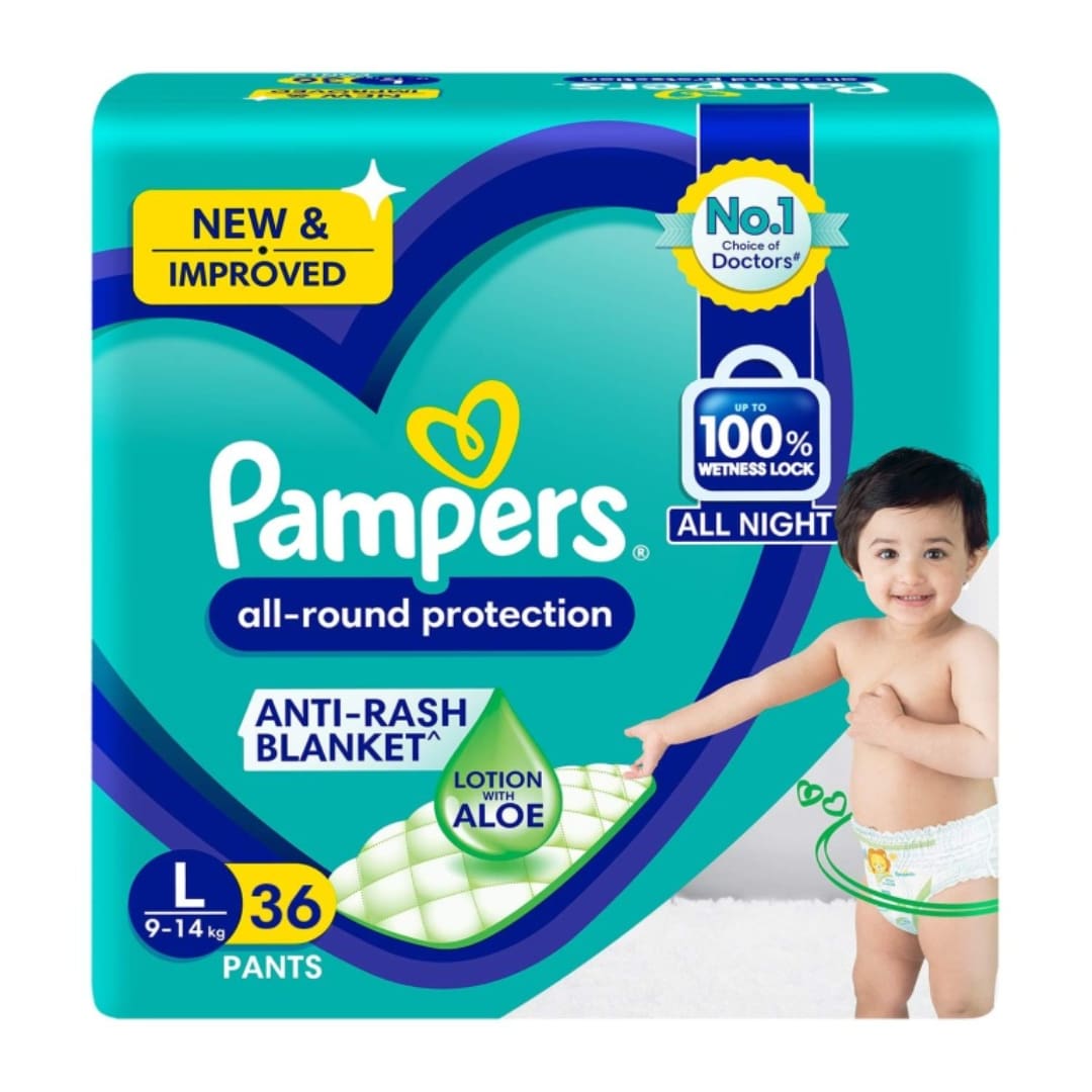 Pampers All round Protection Pants, Large size baby Diapers, (L) 36 Count,9-14 kg Lotion with Aloe Vera