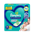 Pampers All round Protection Pants, New Born, Extra Small size baby diapers (NB,XS) 17 Count, Lotion with Aloe Vera
